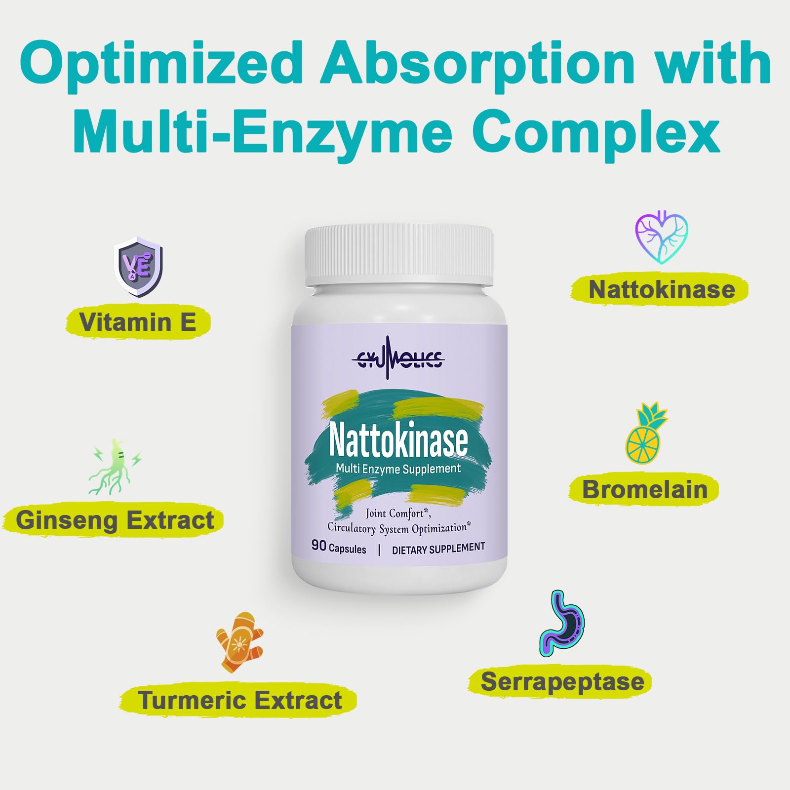Gyumolics Nattokinase packaging highlights non-GMO plant-based formula