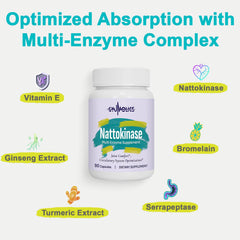 Gyumolics Nattokinase packaging highlights non-GMO plant-based formula
