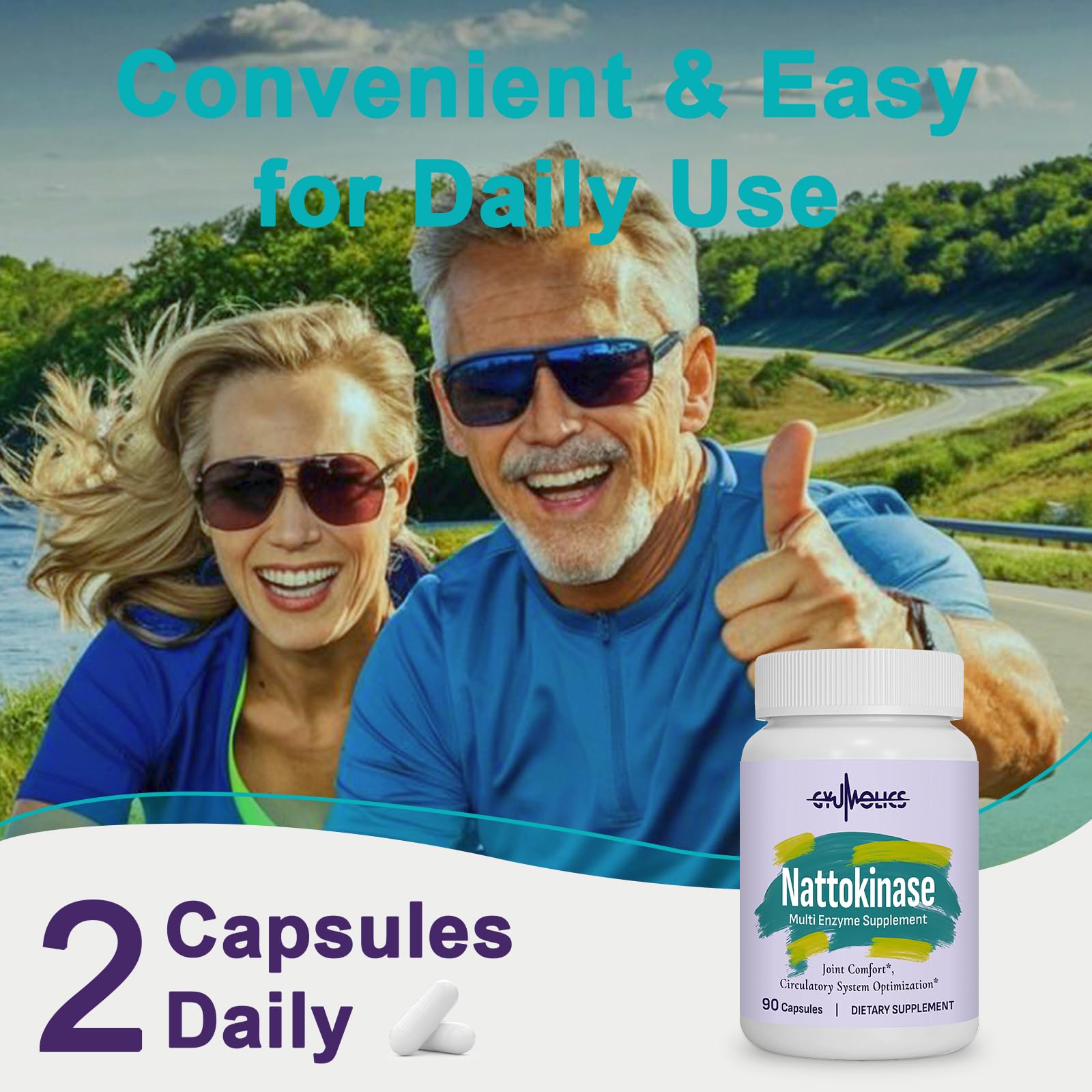 Gyumolics Nattokinase capsules beside turmeric imagery signaling curcumin benefits