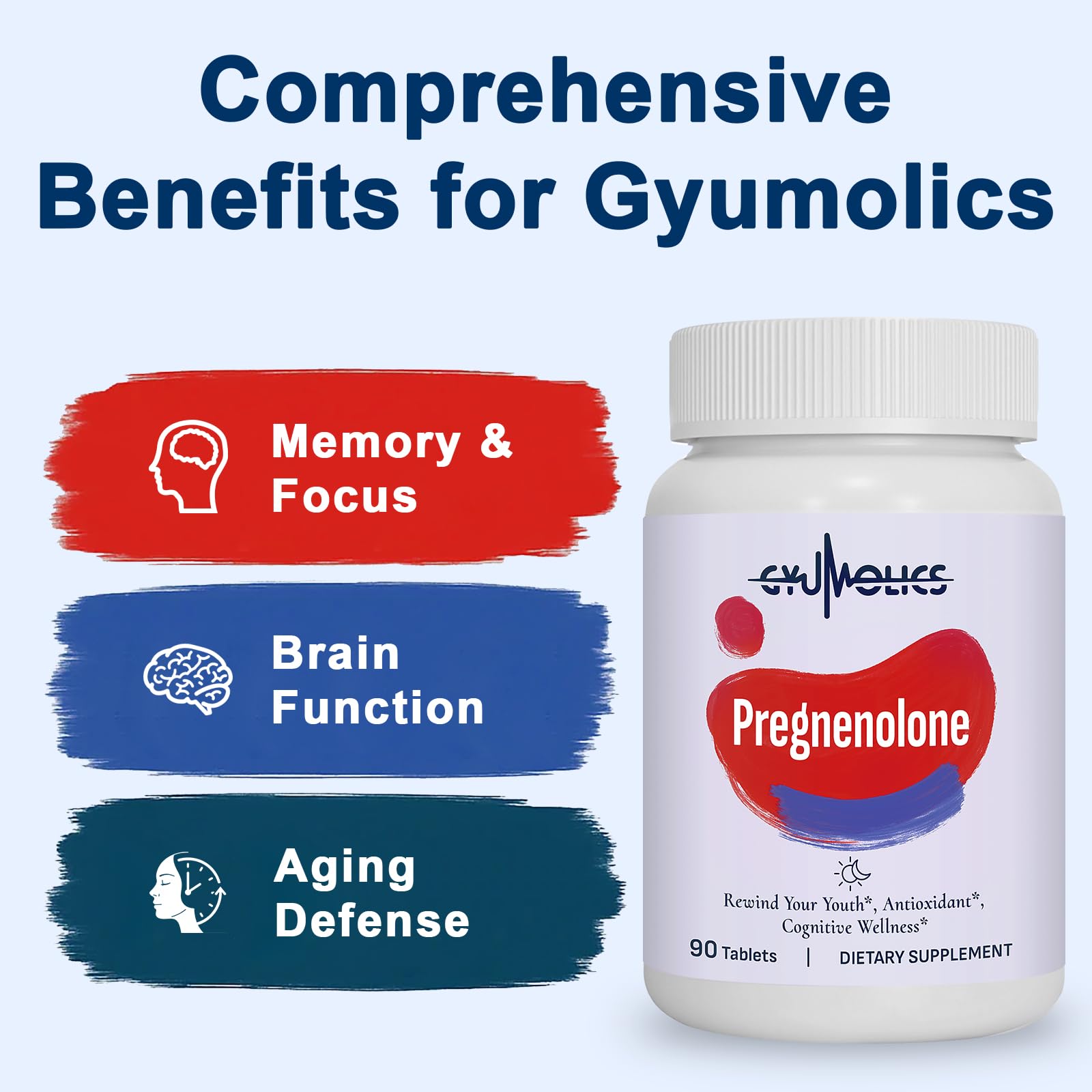 Closeup of Gyumolics pregnenolone 100mg tablets highlighting compact daily dose.
