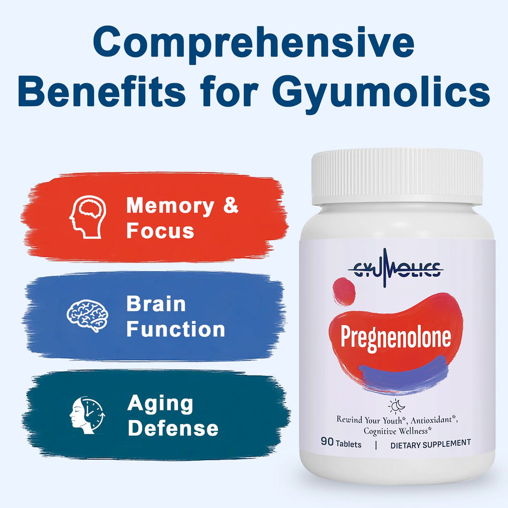 Closeup of Gyumolics pregnenolone 100mg tablets highlighting compact daily dose.