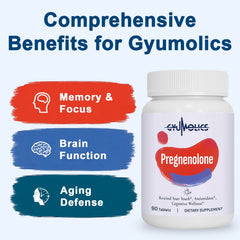 Closeup of Gyumolics pregnenolone 100mg tablets highlighting compact daily dose.