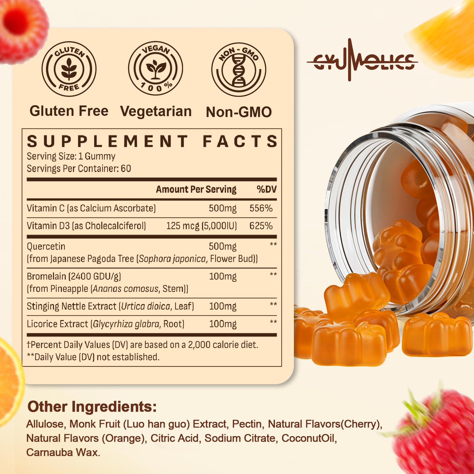 Plant-based Gyumolics formula features quercetin, vitamin C, and herbal blends.