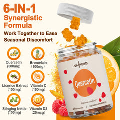 Gyumolics Quercetin gummies bottle back, ingredient details for daily use