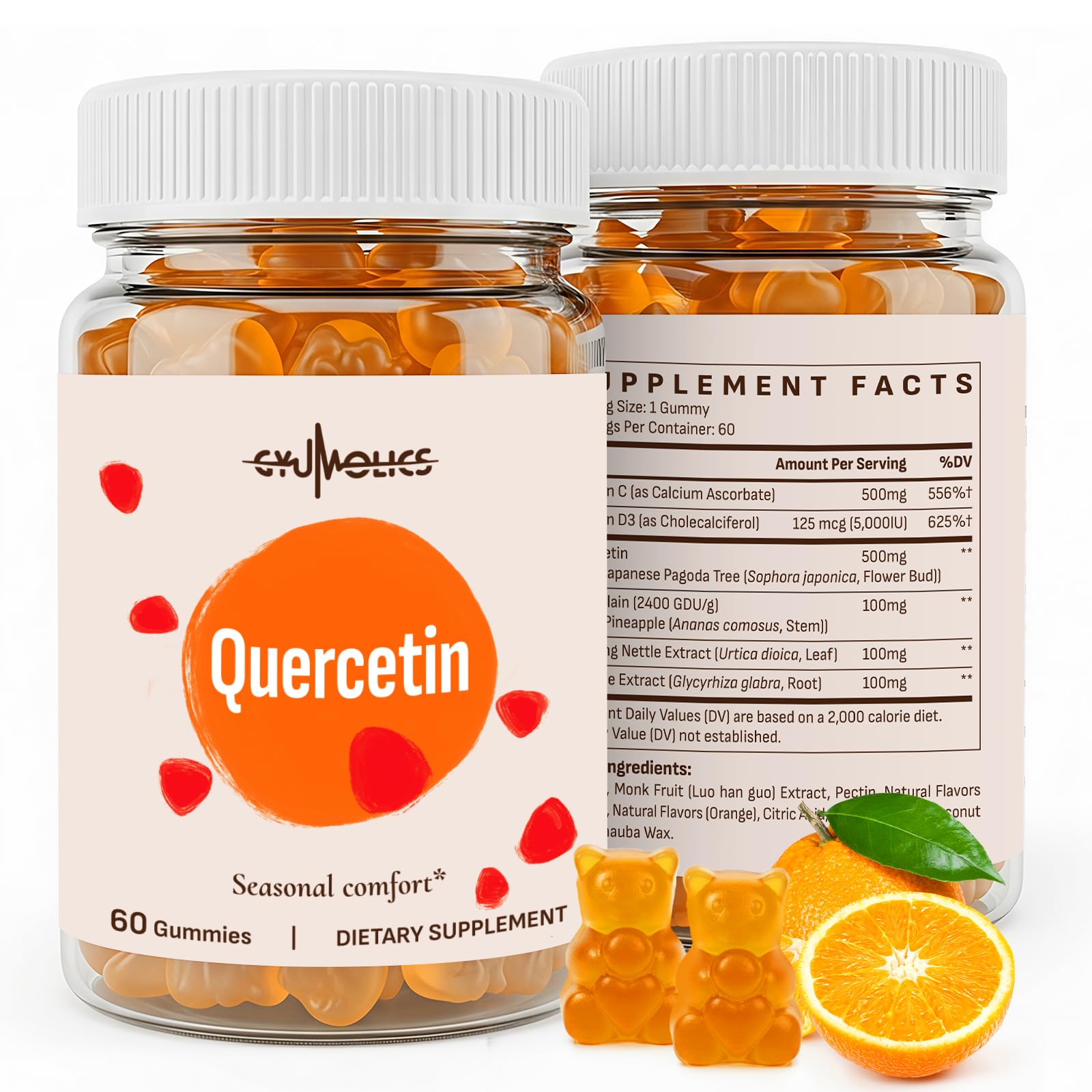 Gyumolics Quercetin 500mg Gummies for Kids bottle front, vegan seasonal wellness