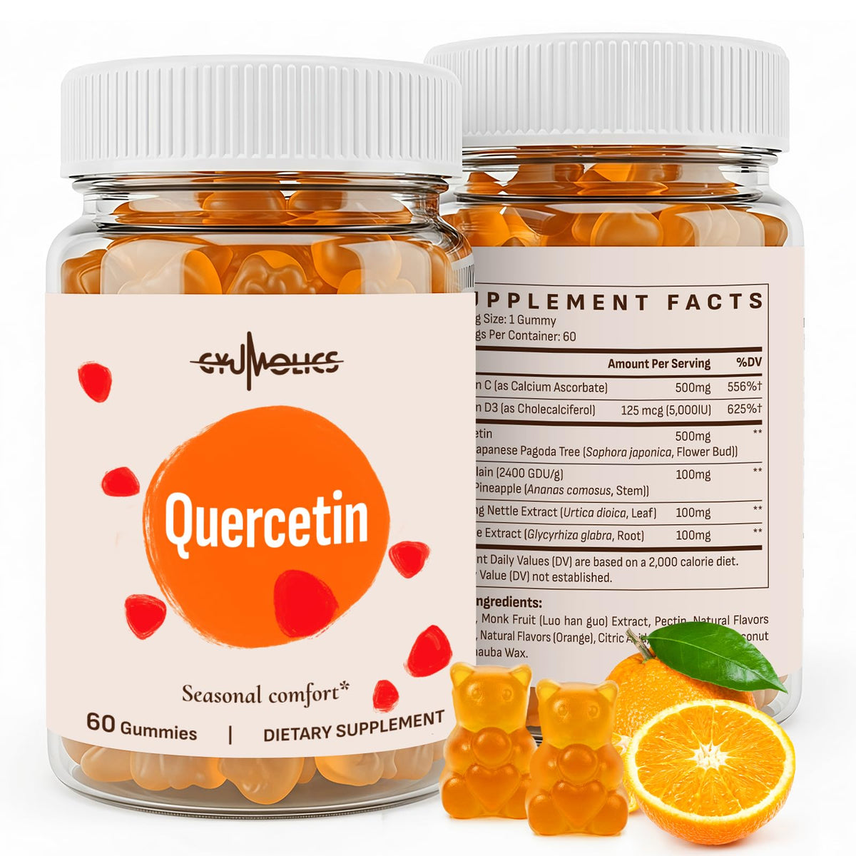 Gyumolics Quercetin 500mg Gummies for Kids bottle front, vegan seasonal wellness