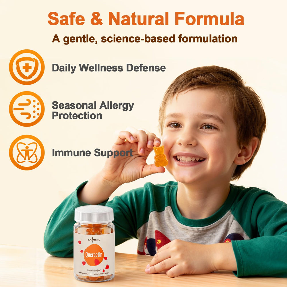Gyumolics Quercetin 500mg gummies ingredients chart showing plant-based formula