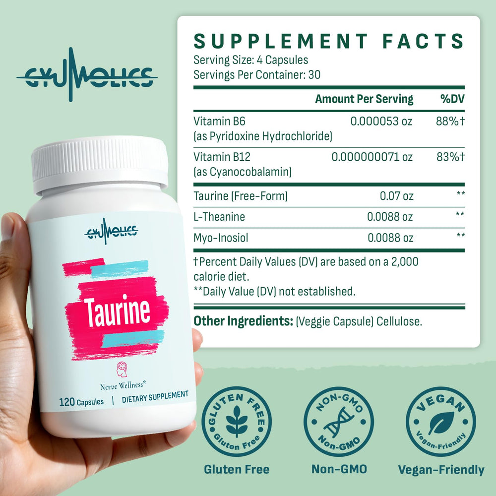 Gyumolics Taurine capsules shown with 2000mg dose illustration.