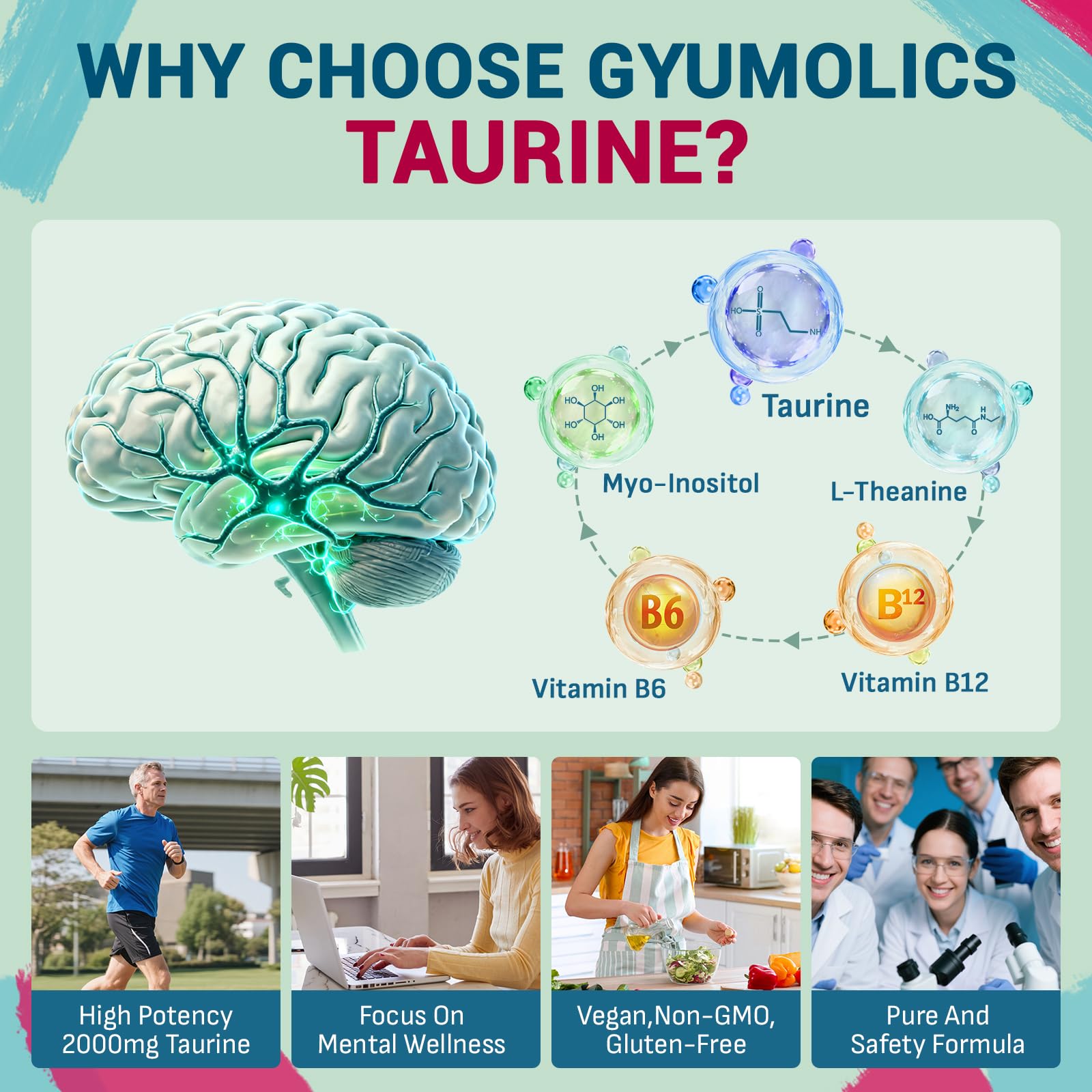 Gyumolics Taurine packaging emphasizes gluten-free, clean ingredients.