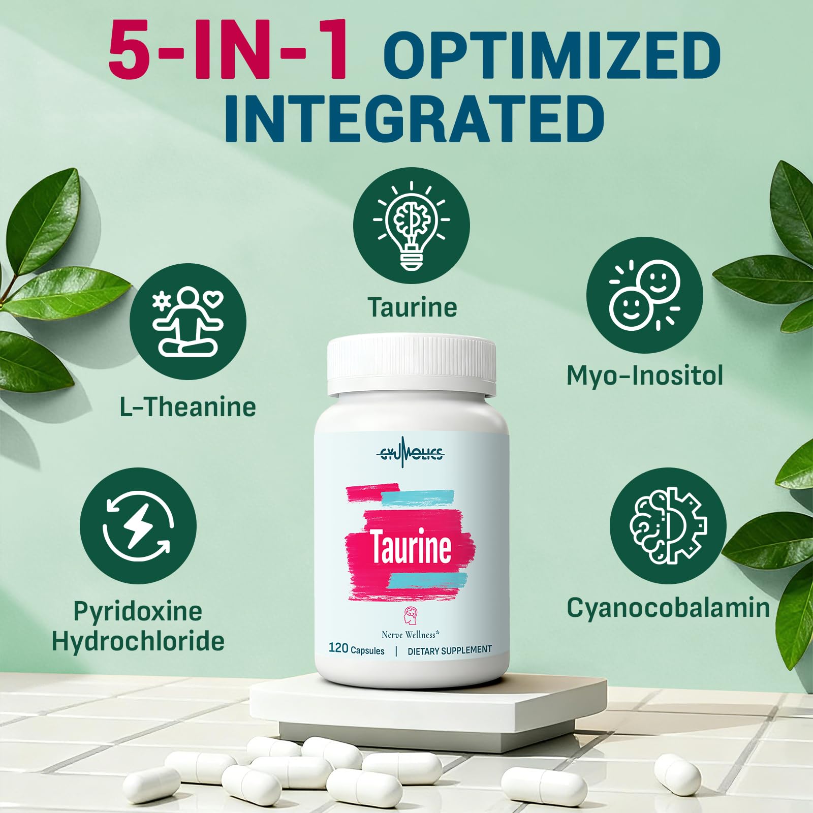 Gyumolics Taurine label highlights non-GMO and gluten-free ingredients.