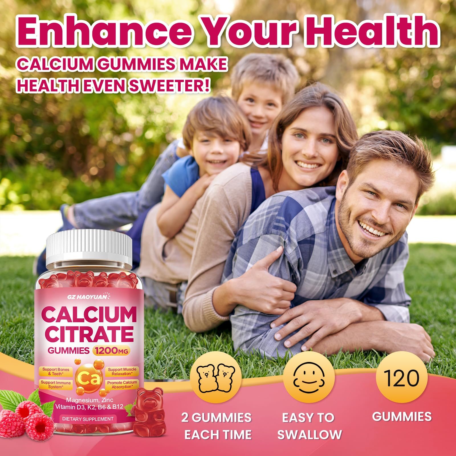 GZ HAOYUAN Calcium Citrate Gummies close-up shows vitamin-enriched formula.