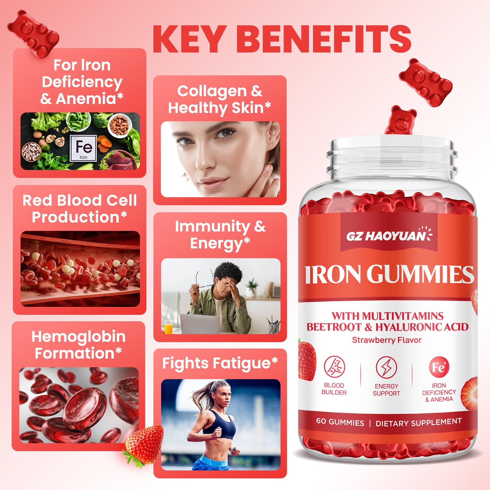 GZ HAOYUAN Iron Gummies displaying key B vitamins for energy.