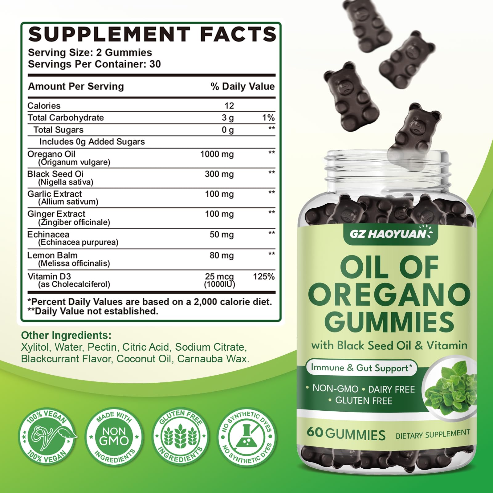 GZ HAOYUAN Oil of Oregano Gummies closeup showing black currant flavor for daily use