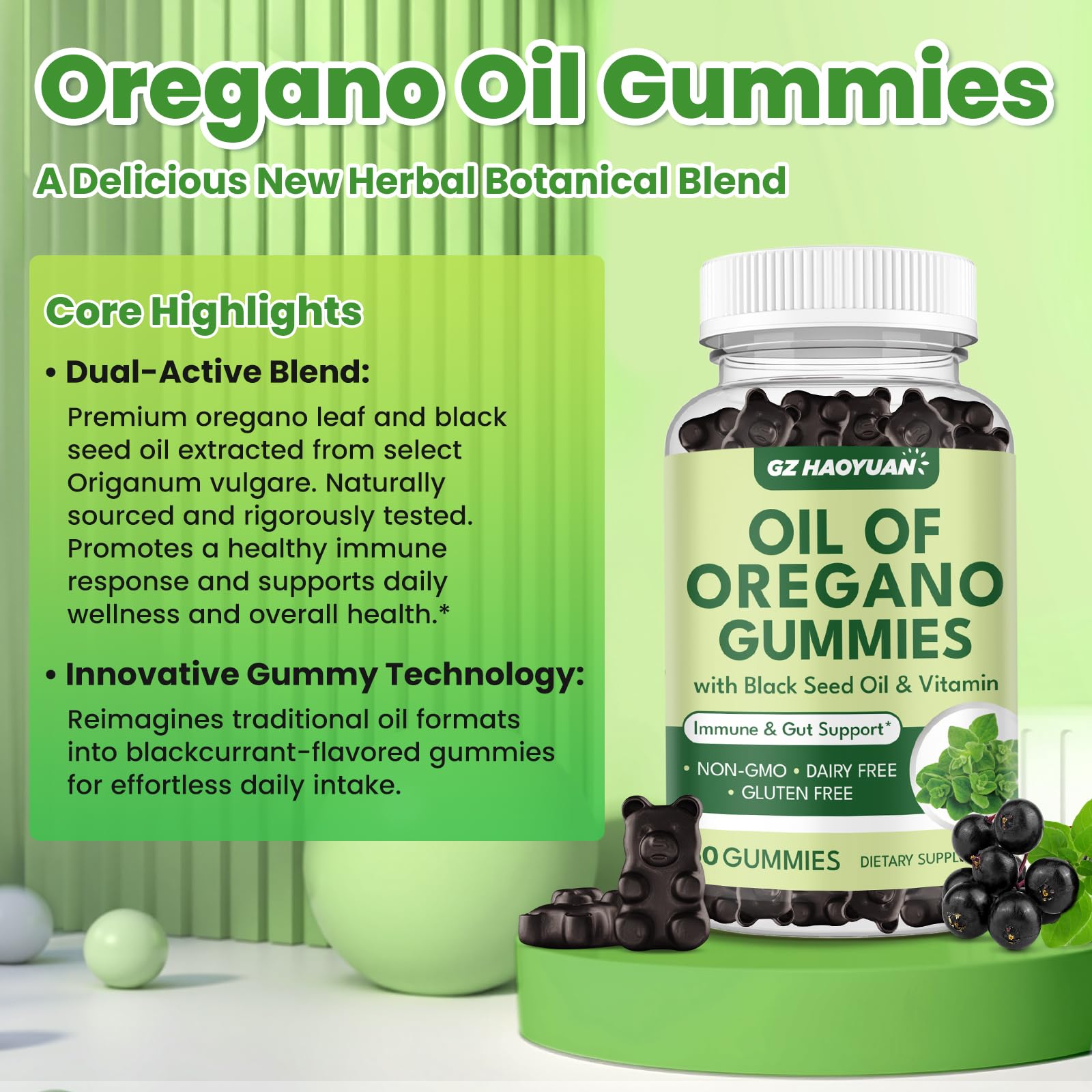 GZ HAOYUAN Oil of Oregano Gummies packaging communicates a 30-day supply
