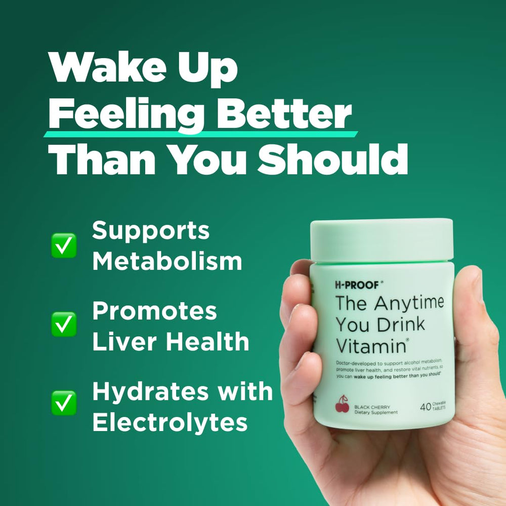 H-PROOF Anytime You Drink tablets close-up for easy post-drink support.