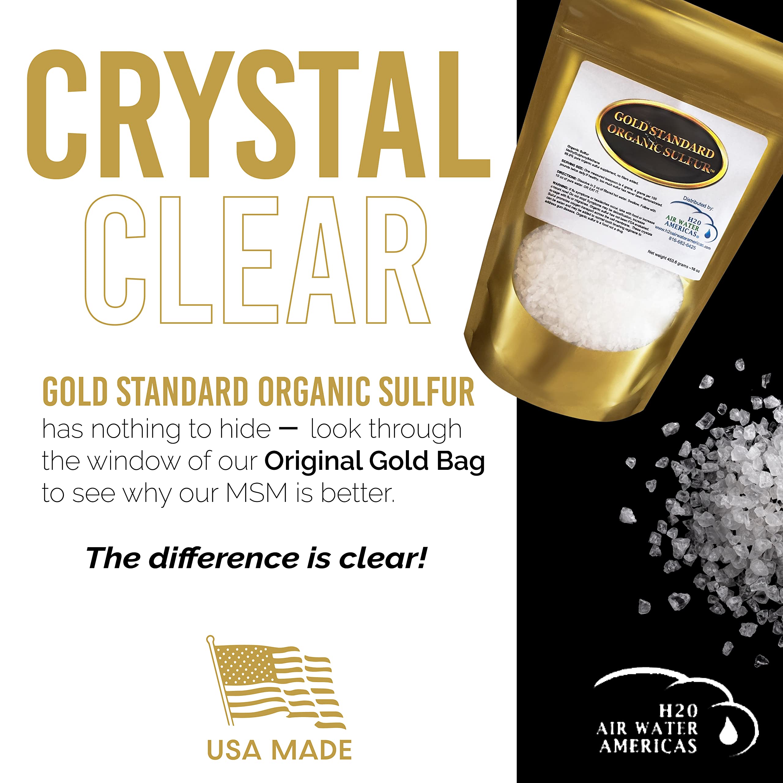 American-made ingredients highlighted in H2O Air Water Americas MSM crystals.