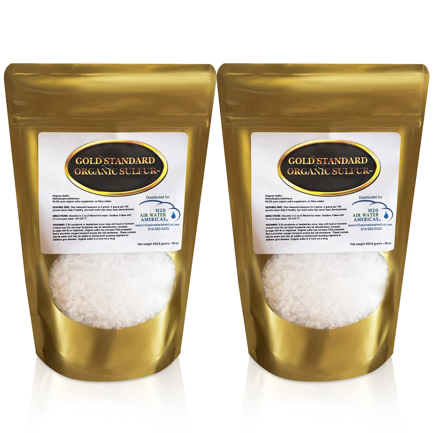 H2O Air Water Americas Gold Standard MSM crystals in a 2lb bottle, high purity.