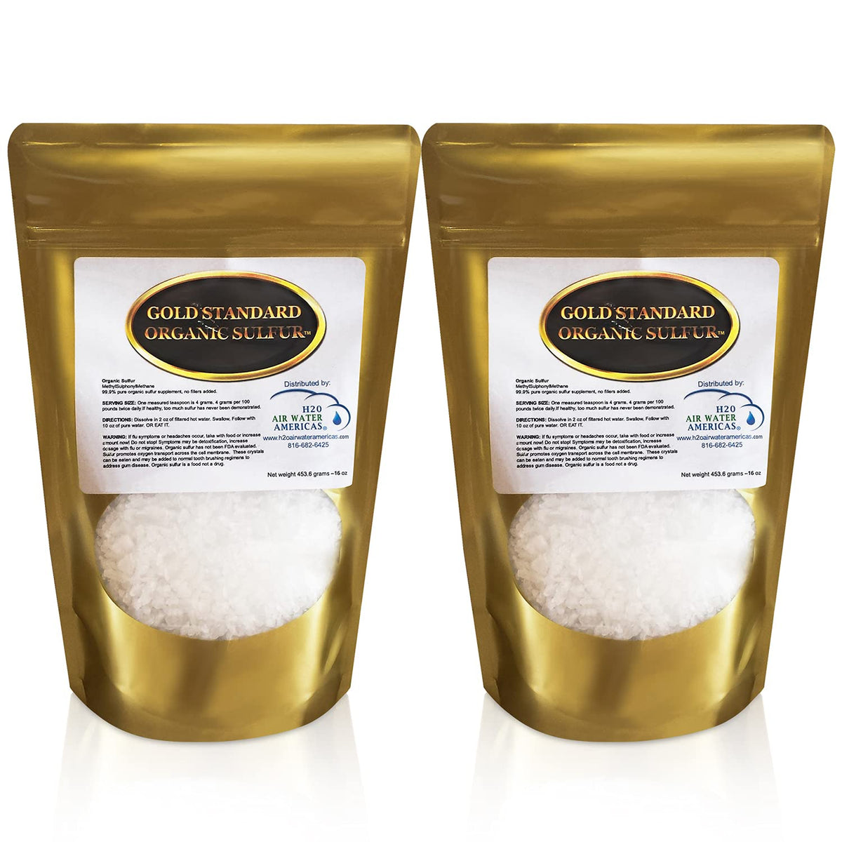 H2O Air Water Americas Gold Standard MSM crystals in a 2lb bottle, high purity.