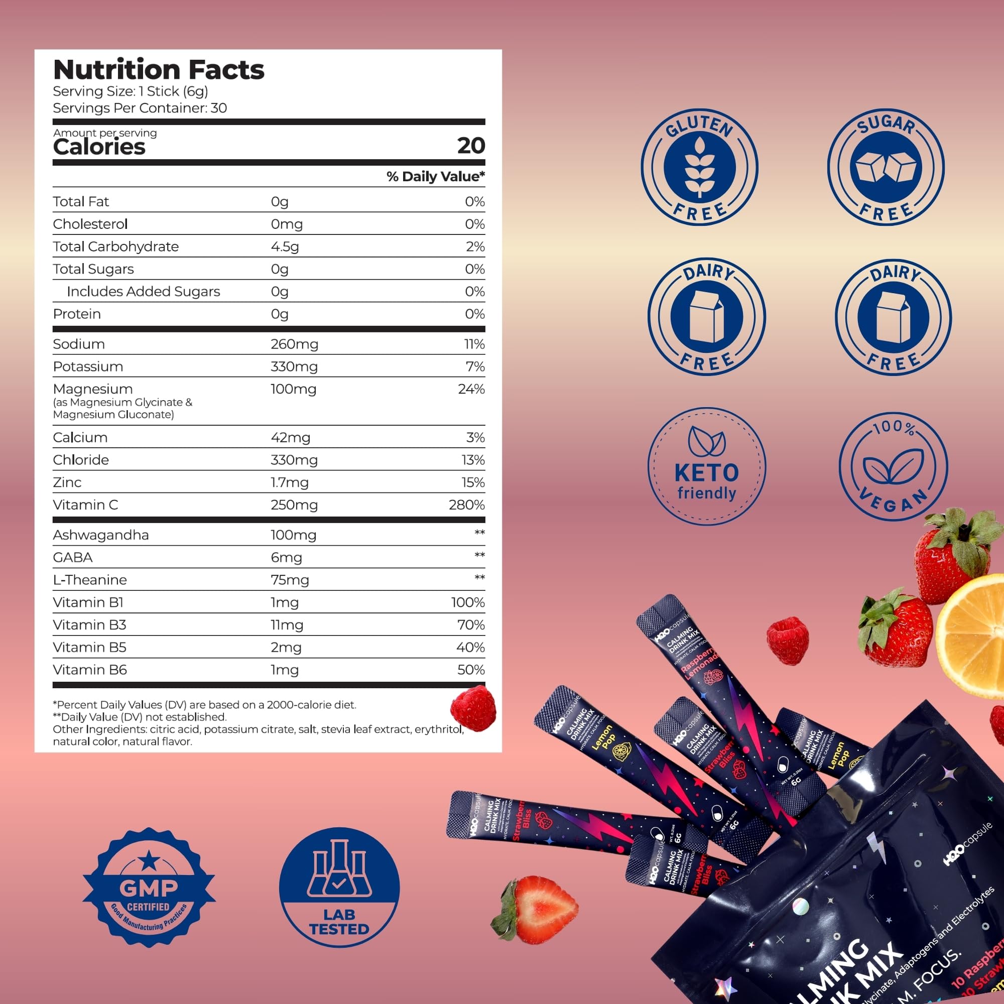 H2O Capsule Sugar-free formula for hydration without calories.