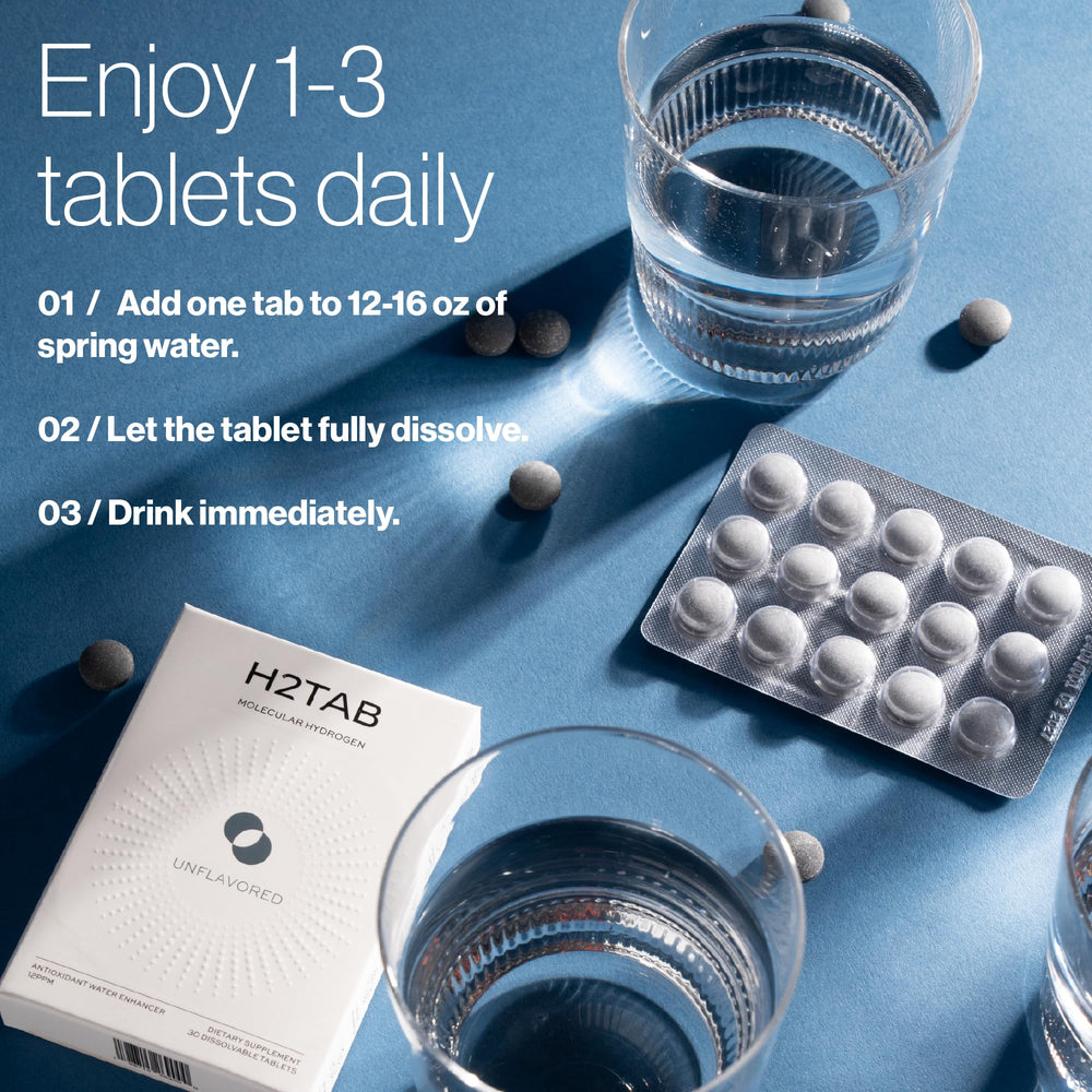 Third-party testing and GMP certificate visible on H2TAB bottle.
