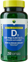 H4U Extra Strength Vitamin D3 softgels bottle supports bone health and immune support.