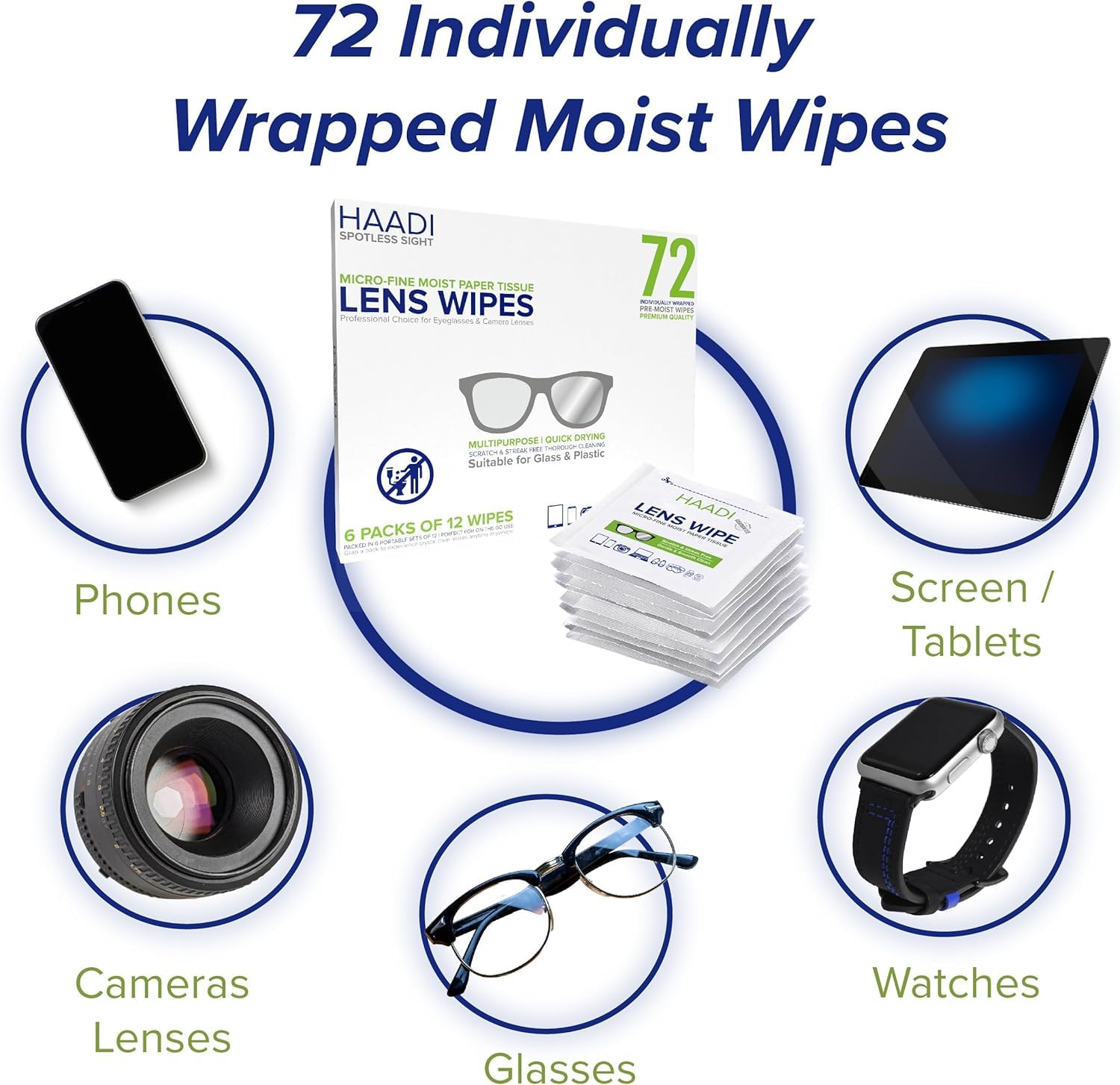 HAADI multipurpose wipes for lenses; ideal for spectacles, cameras, and mirrors with residue-free results.
