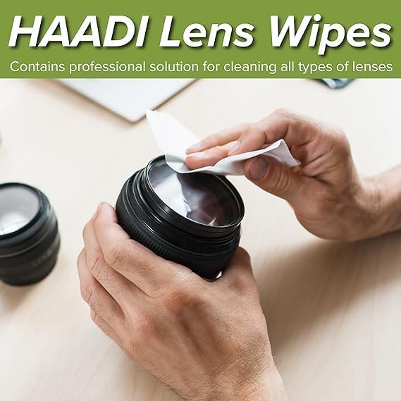 HAADI portable pocket-pack wipes; travel-friendly cleaning solution for lenses and screens.