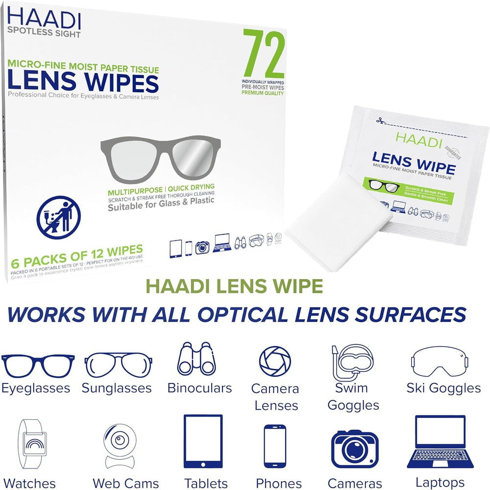 HAADI glasses lens wipes; pre-moistened and safe for all lens types for quick cleaning.