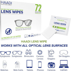 HAADI glasses lens wipes; pre-moistened and safe for all lens types for quick cleaning.