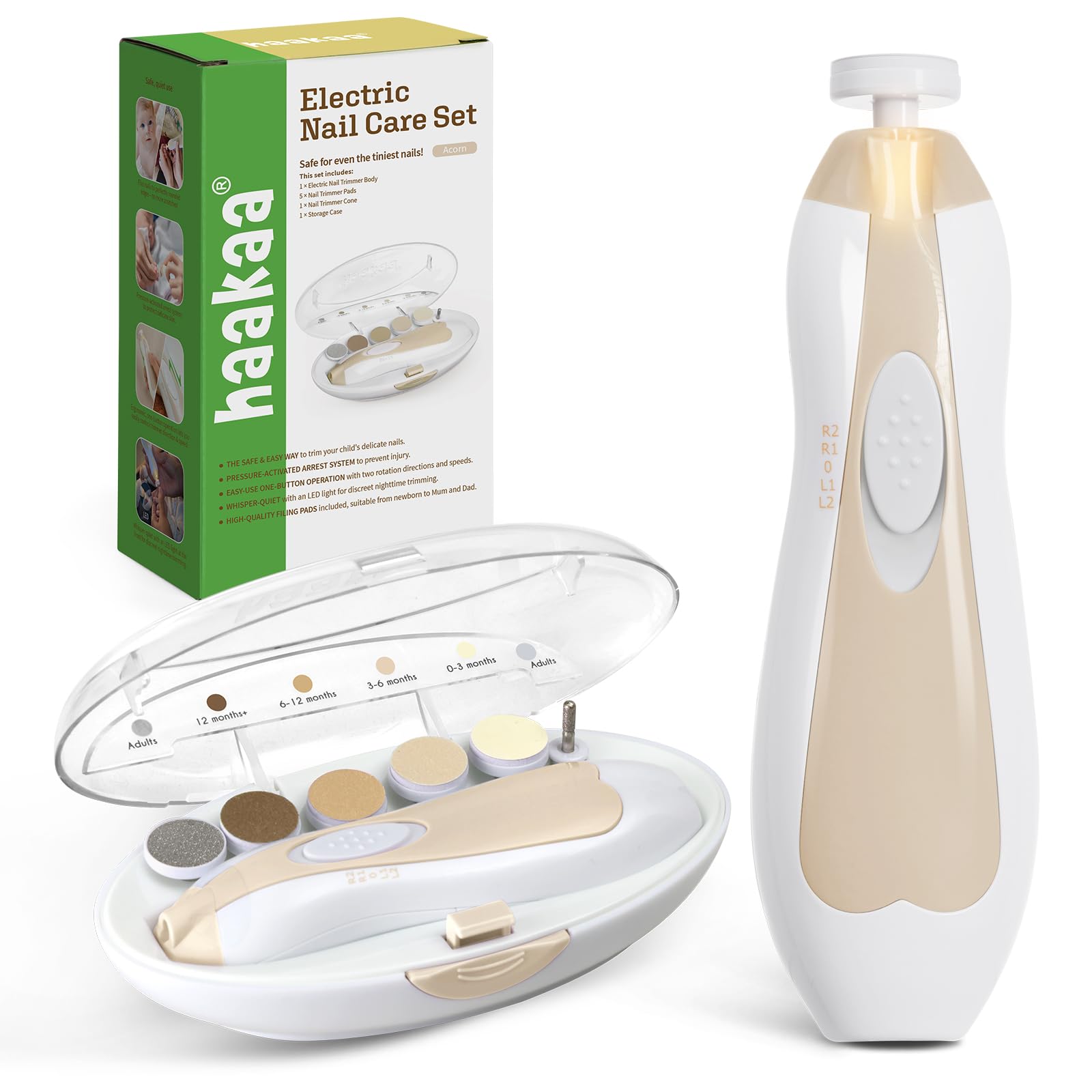 Haakaa baby nail care electric file with LED light for precise grooming.