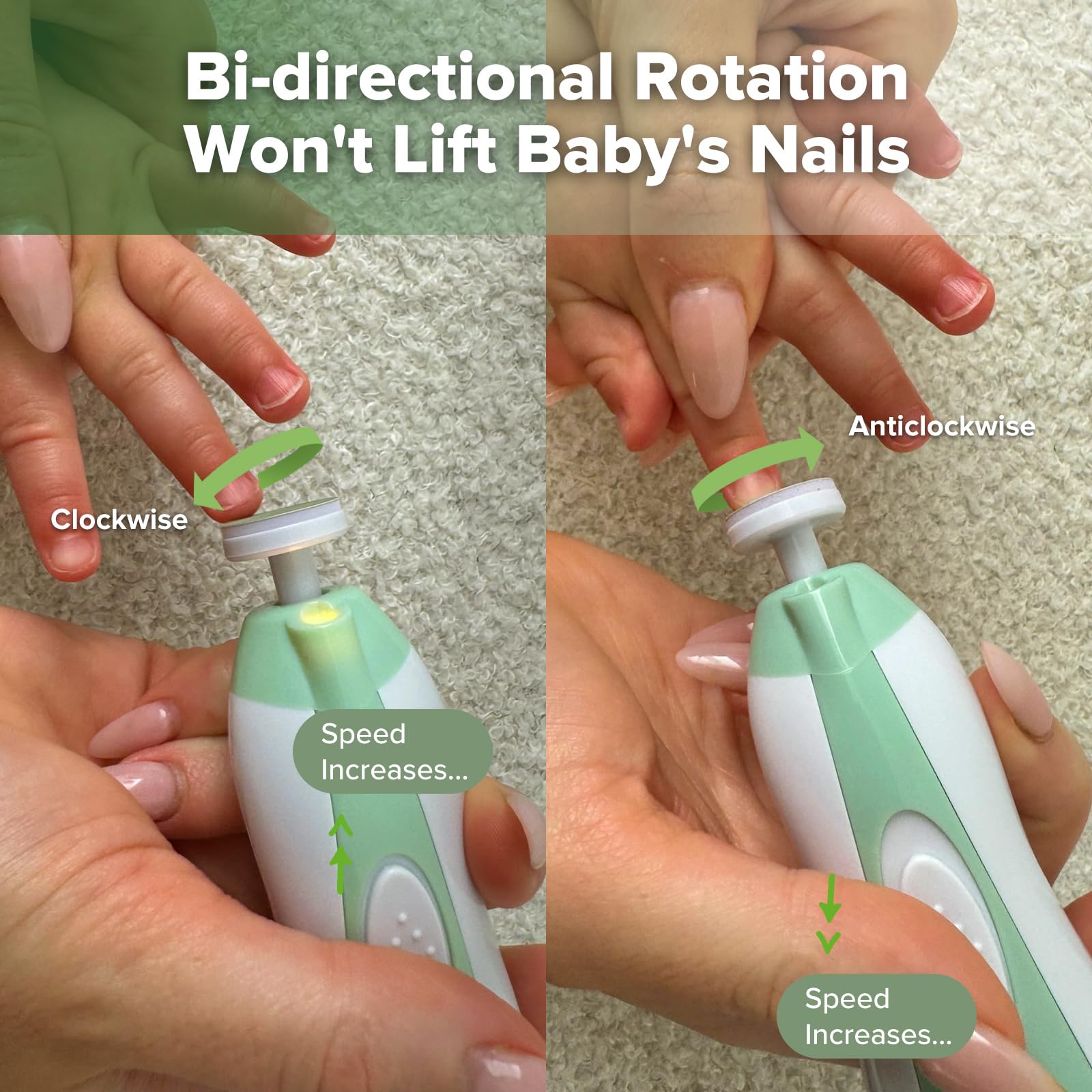 haakaa baby nail file LED green control-buttons highlight easy one-button operation
