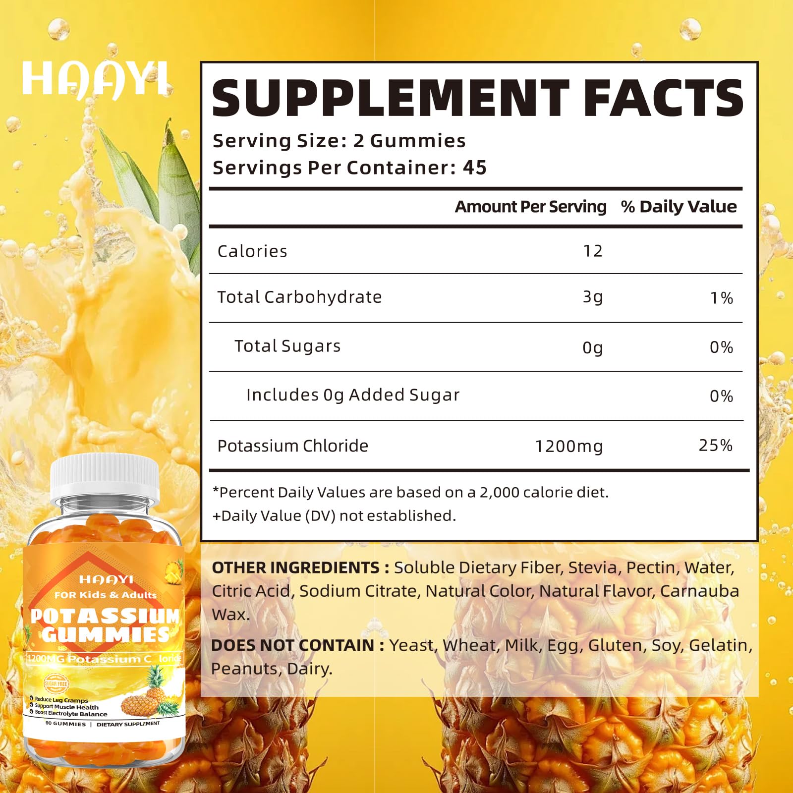 HAAYI bottle nutrition label shows 1200mg potassium per serving for daily intake.