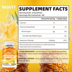 HAAYI bottle nutrition label shows 1200mg potassium per serving for daily intake.