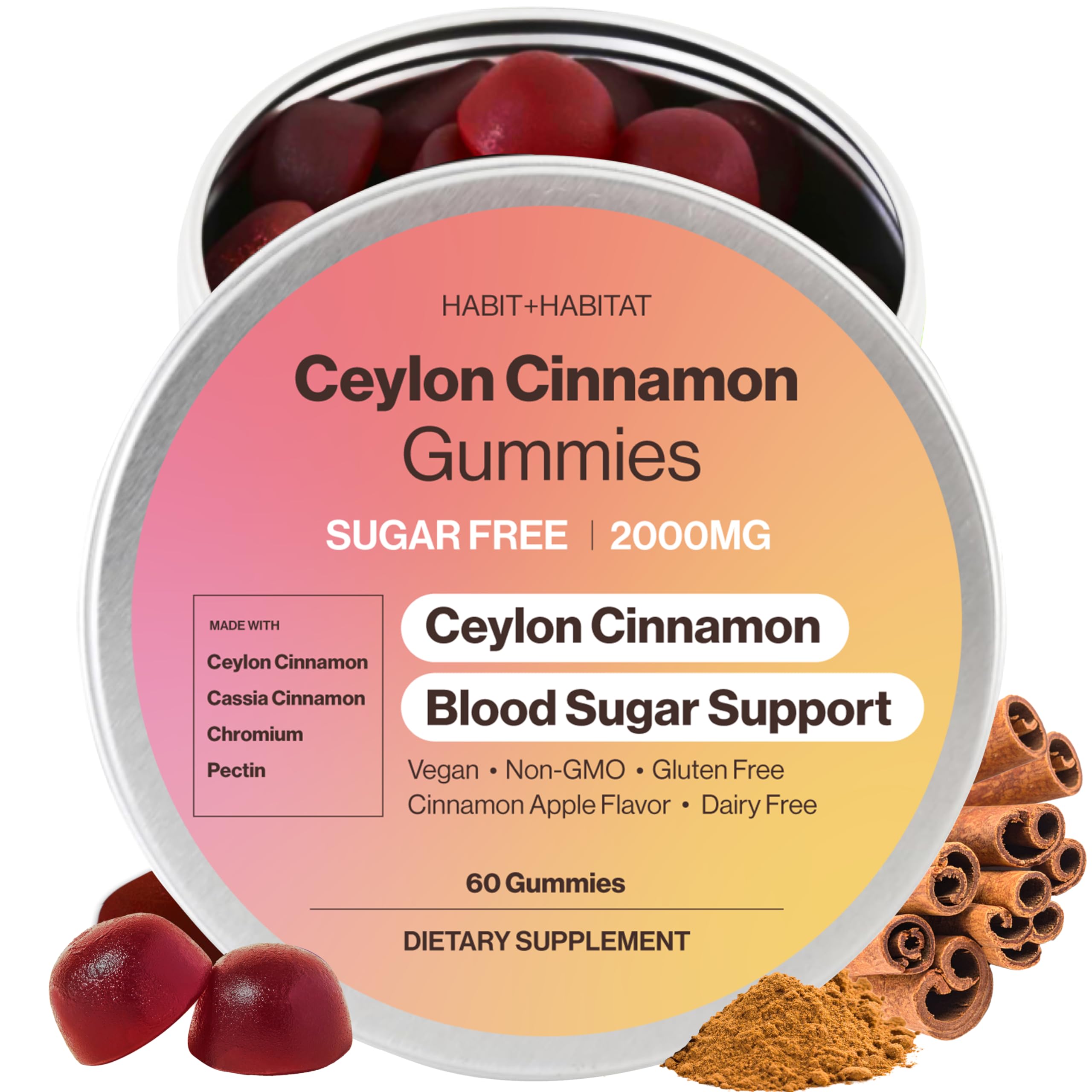 Habit + Habitat Ceylon Cinnamon Gummies bottle with 60 gummies, a tasty daily ritual.
