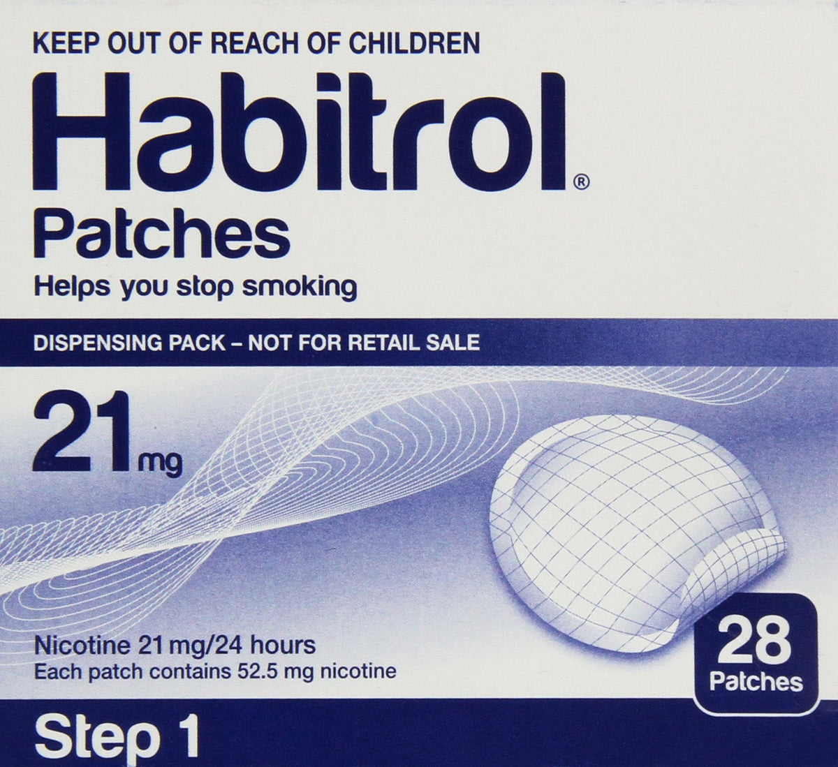 Habitrol Step 1 patch packaging display supports nicotine replacement