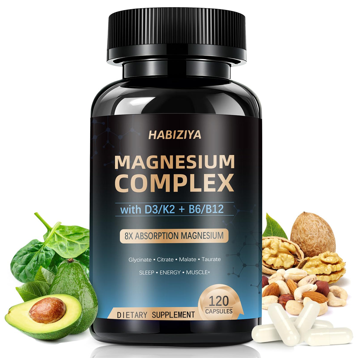 HABIZIYA Magnesium Complex bottle view with high-bioavailability formula for daily wellness.