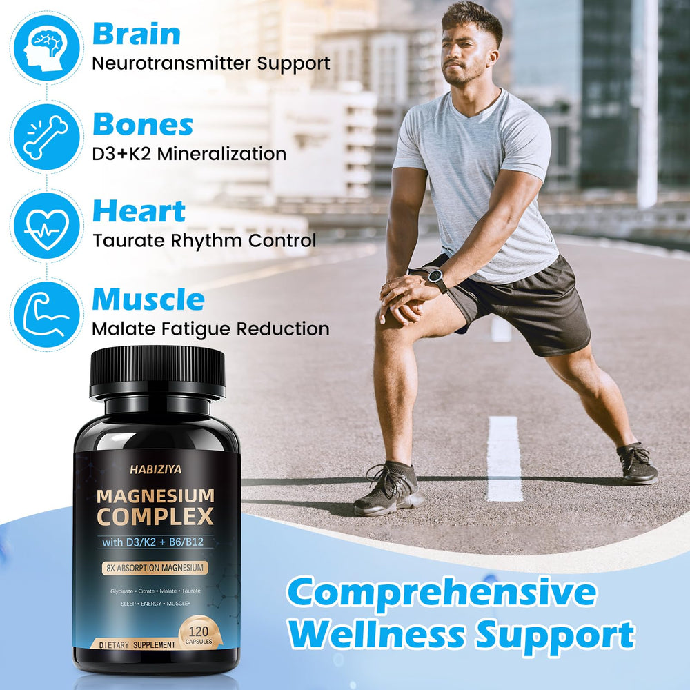 HABIZIYA Magnesium Complex vegan-label on bottle signaling plant-based capsule option.