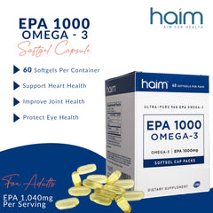 HAIM EPA1000 softgels closeup highlights burpless capsules for easy daily use.