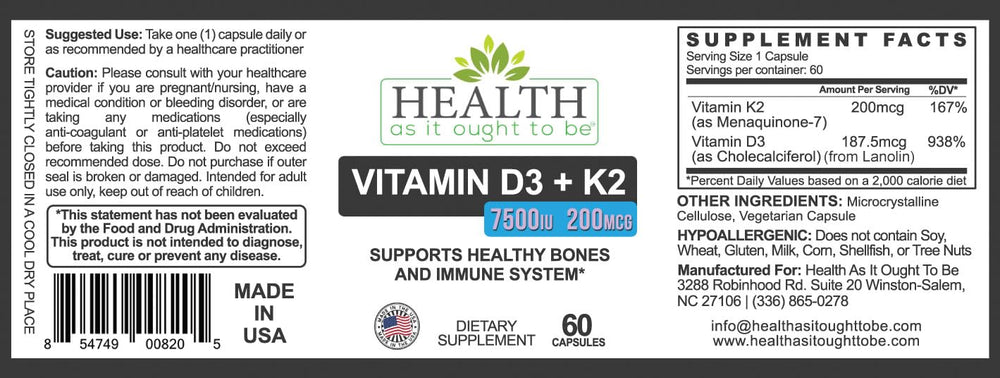 HAIOTB D3+K2 label highlights ingredients and per-serving dosage
