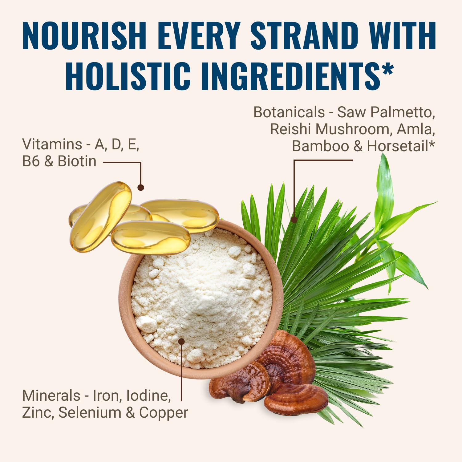 Hair La Vie ingredients panel highlights biotin, collagen, and minerals.