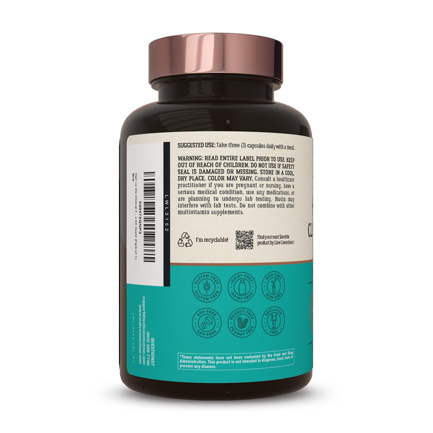 Hair La Vie Clinical Formula packaging emphasizing key nutrients and usage.