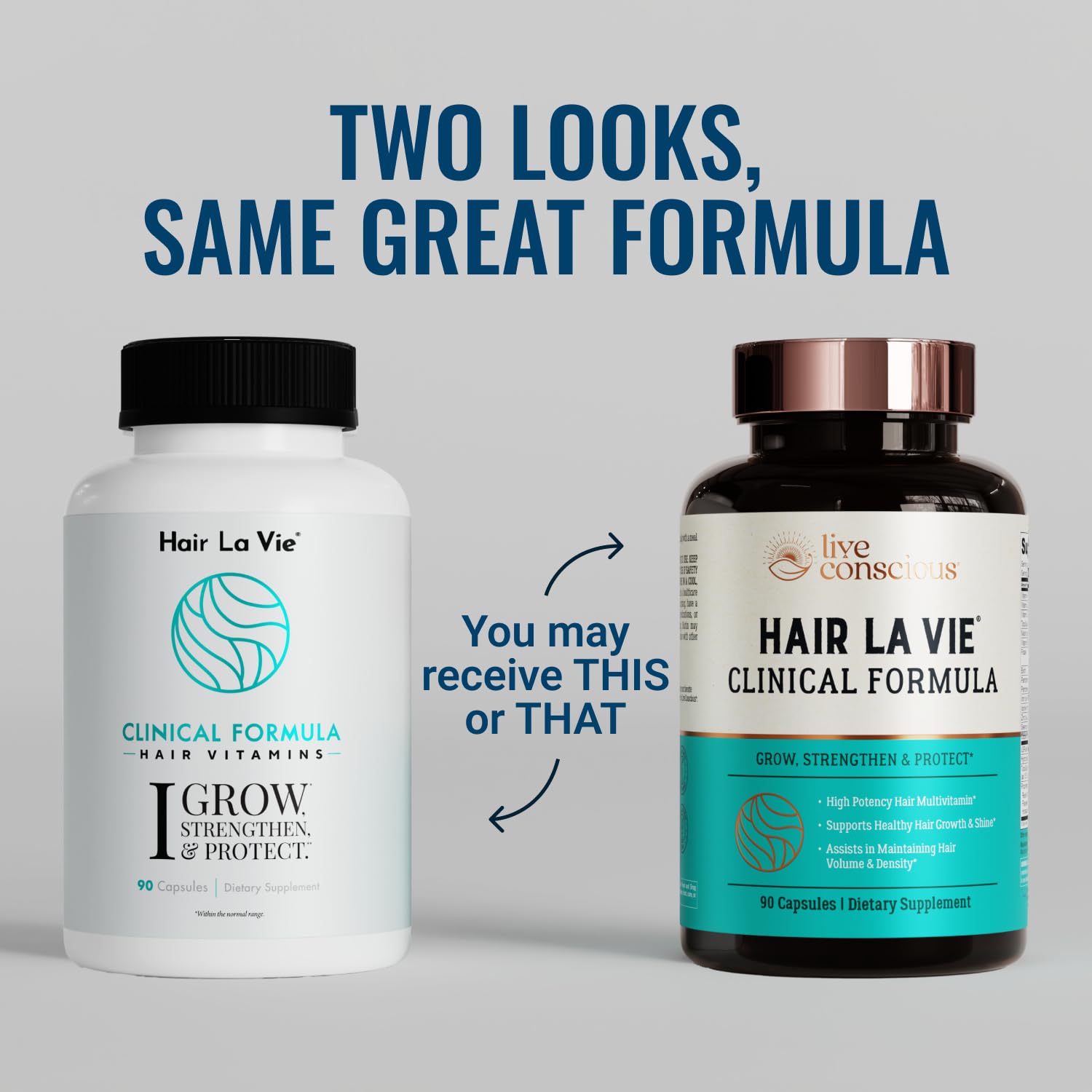 Hair La Vie Live Conscious Clinical Formula capsules with meals usage hint.