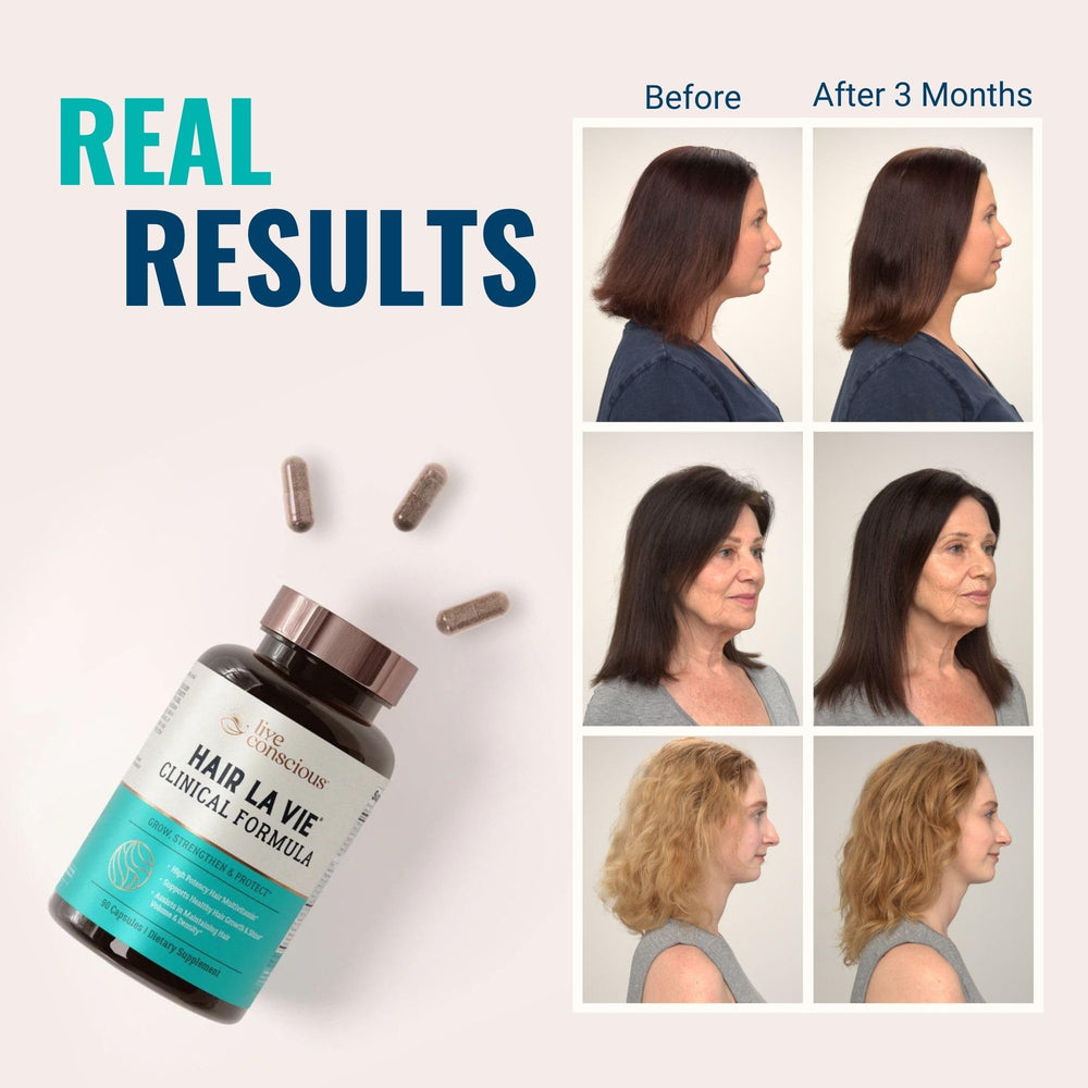 Hair La Vie Live Conscious Clinical Formula nutrition label closeup for transparency.