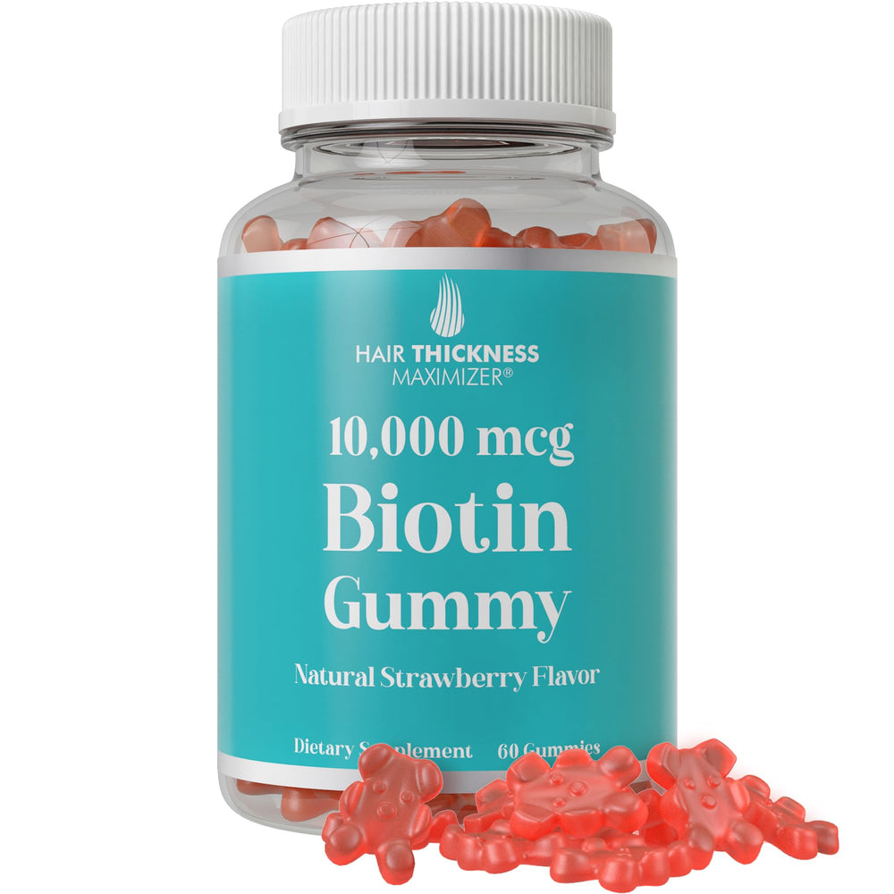 Hair Thickness Maximizer biotin gummies in strawberry bottle showing vegan and gelatin-free formula