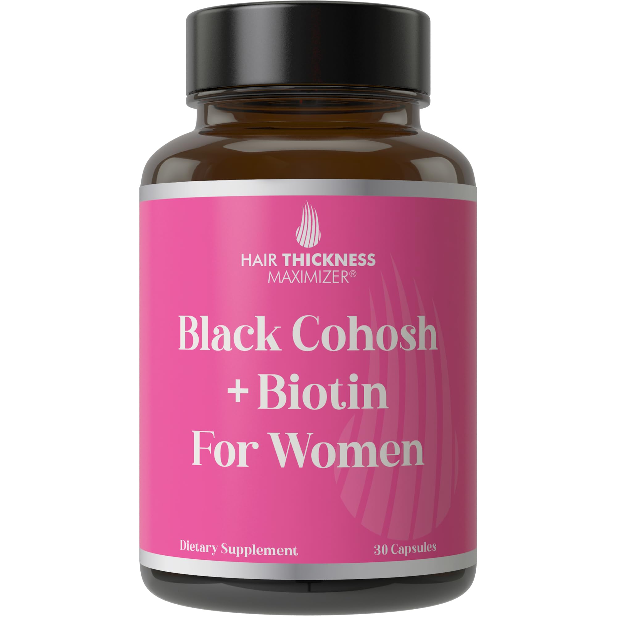Hair Thickness Maximizer bottle with Black Cohosh and Biotin for menopausal hair support.