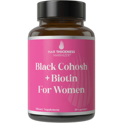 Hair Thickness Maximizer bottle with Black Cohosh and Biotin for menopausal hair support.