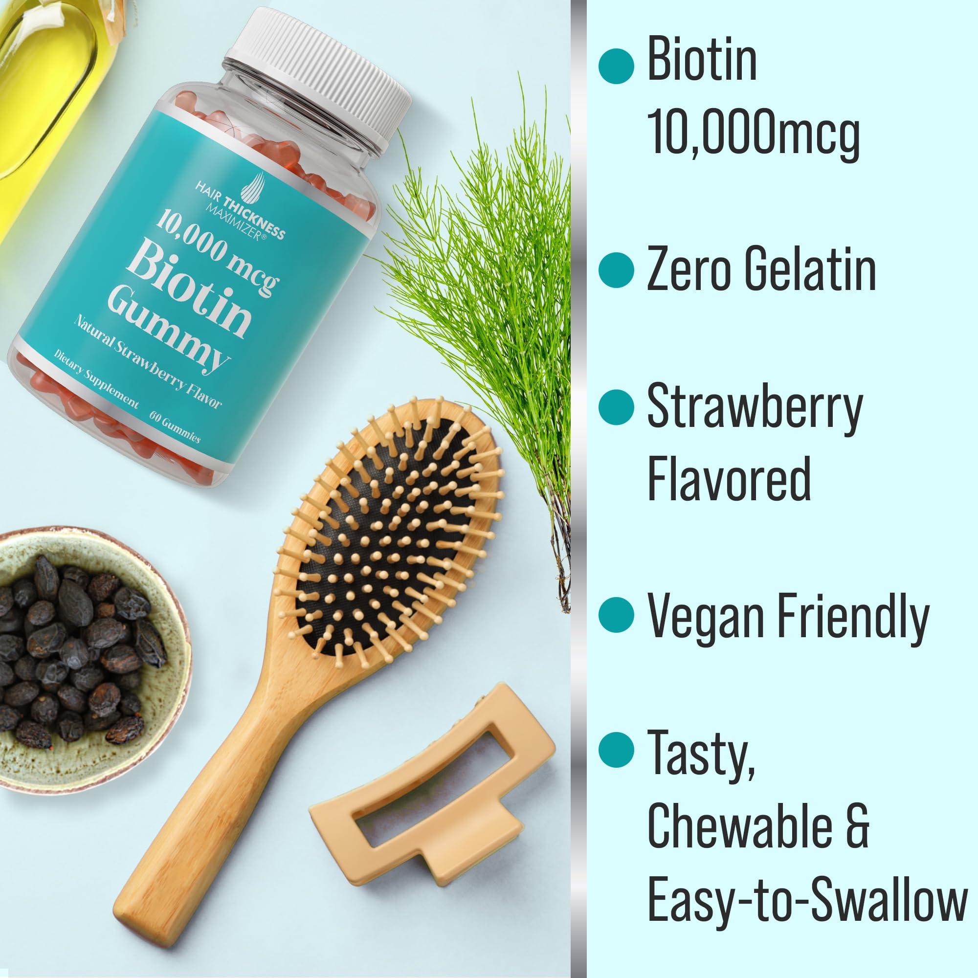 Hair Thickness Maximizer vegan biotin gummies label highlighting 10000mcg content