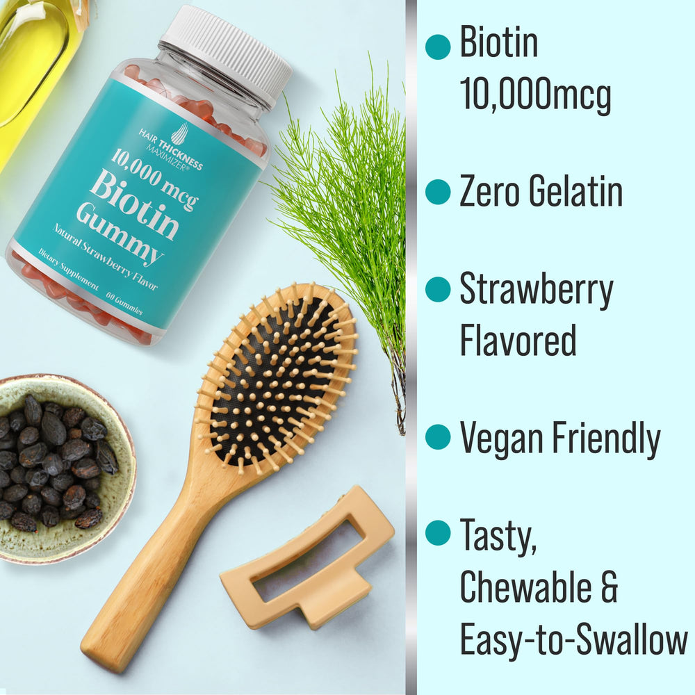 Hair Thickness Maximizer vegan biotin gummies label highlighting 10000mcg content
