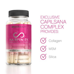 Hairfinity capsules inside bottle ready for convenient daily supplementation
