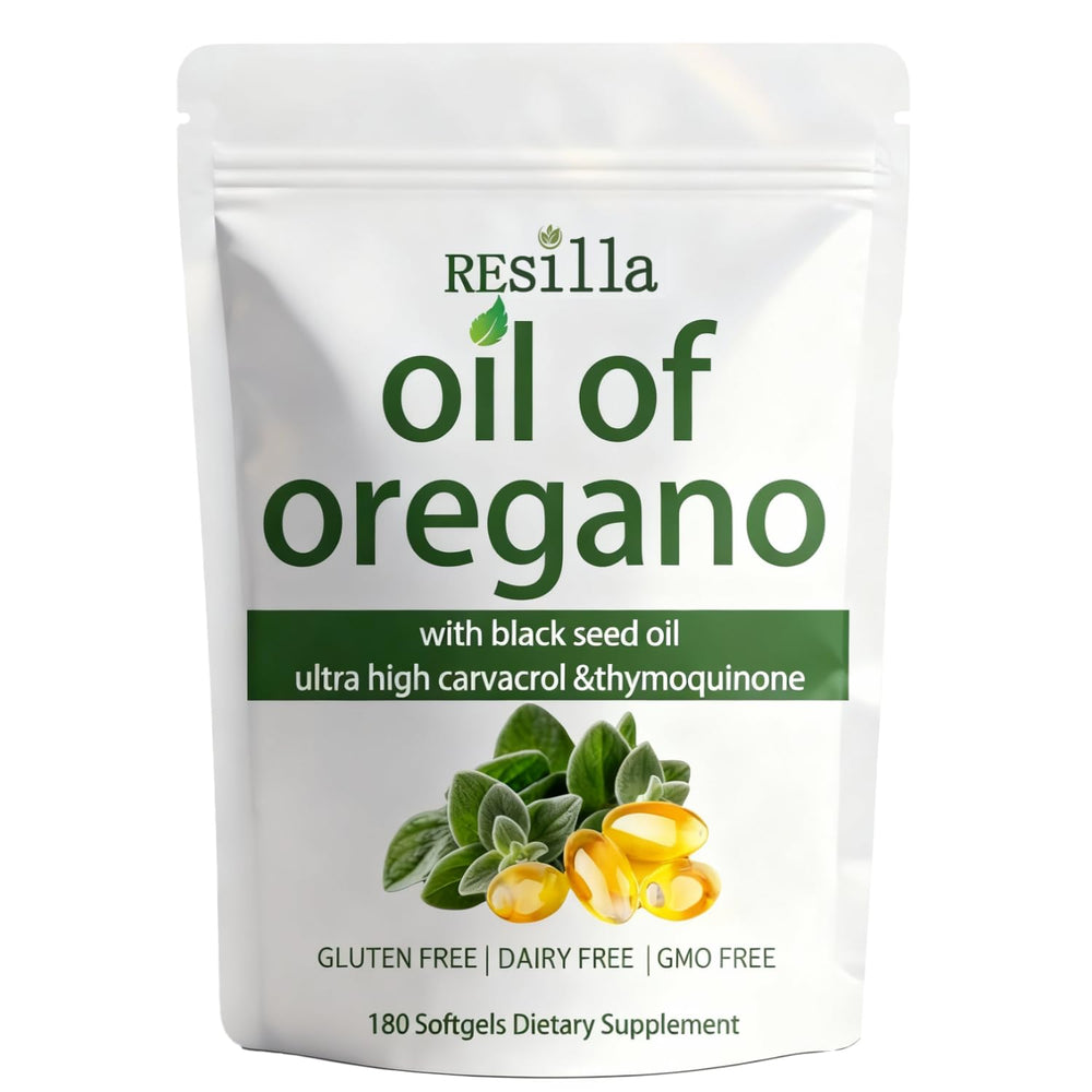 Hairhalo Resilla Oil of Oregano Softgels bottle showing the two-in-one formula for immune support and skin vitality.